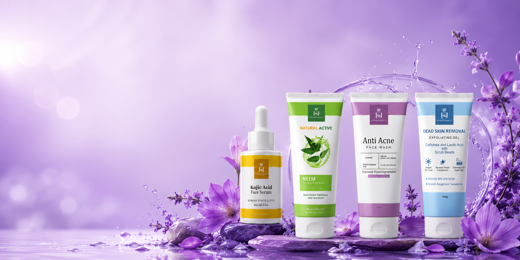 Four skincare products from the brand Natural Active are lined up on a reflective purple surface with purple flowers and water droplets. The products include a facial serum, a green-acid toner, an anti-acne cream, and a salicylic acid treatment, all set against a soft purple bokeh background.